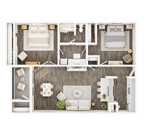 Floor plan for 2 beds, 1 bath, 922 sqft
